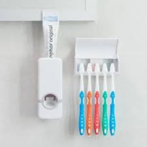 Wall-Mounted Automatic Toothpaste Dispenser & 5-Brush Holder Set | Dust-Proof Bathroom Toothbrush Organizer