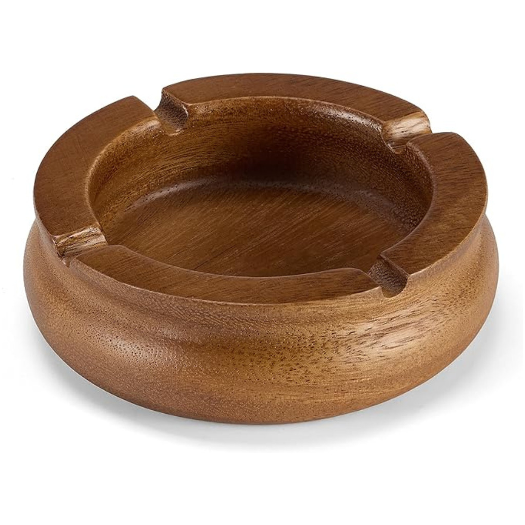 Handcrafted Round Wooden Ashtray | Classic Solid Wood Ashtray with 3 Cigarette Rest Slots